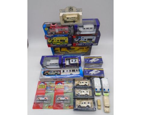 A collection of mainly boxed die-cast emergency vehicles included two sealed Atlas Editions Jaguar MkII Bedfordshire Police c