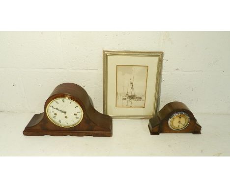 A Westminster chime mantel clock along with a Smith Electric mantel clock and a framed print