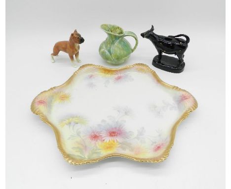 An Edwardian shaped ceramic tray, a Sylvac figure of a boxer, a cow creamer etc.