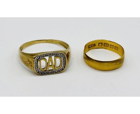 A 9ct gold "Dad" ring set with diamonds, weight 2.1g along with a 22ct gold wedding band, weight 1.6g