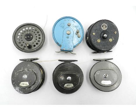 Six vintage fly fishing reels comprising of three Intrepid Rimfly Regular reels, Edgar Sealey Flylite, Angler Scout 8-80 and 