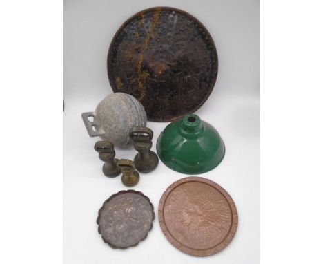 A collection of miscellaneous items including a green enamelled light shade, Newlyn style tray, three bell weights, buoy, met