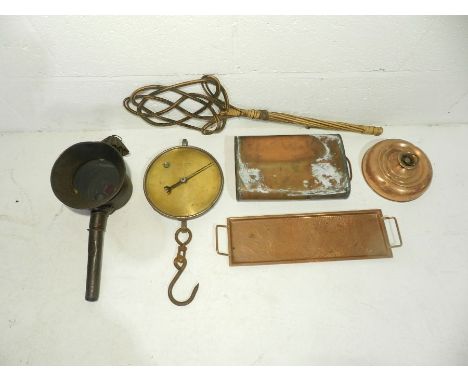 A copper carriage foot warmer along with a Salter scale, carriage lamp etc.