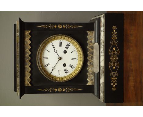 Victorian black slate and grey marble mantel clock, with engraved and gilt decoration and presentation plaque, white enamel R