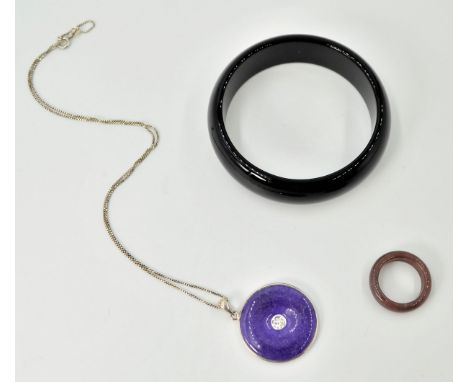 Black agate bangle, lavender jade silver pendant necklace stamped 925 and a jade ring   Condition Report   Click here for fur