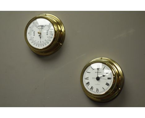 Westclox ship bulkhead style clock and matching aneroid barometer, D15cm   Condition Report   Click here for further images, 