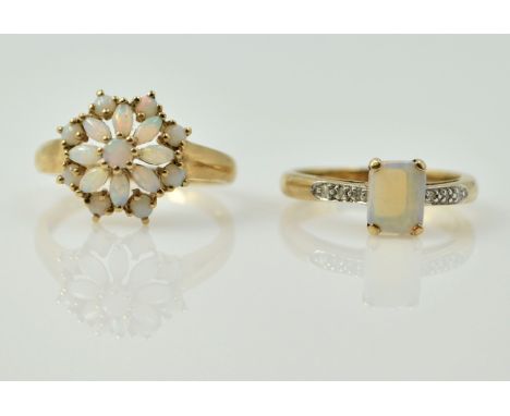 Opal cluster gold ring and an opal and diamond ring both hallmarked 9ct   Condition Report  6.3gmsize Q and T Click here for 