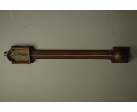 18th century mahogany stick barometer, paper register indistinctly inscribed '....... Italian', moulded arched glazed door, H