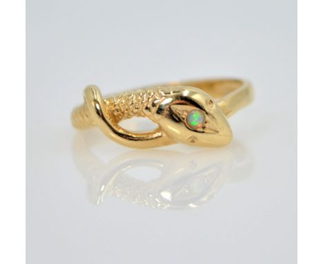 Gold snake ring with opal hallmarked 9ct   Condition Report  size N2.4gm Click here for further images, condition, auction ti