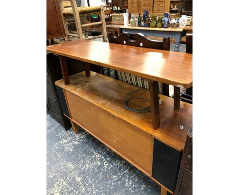 A RETRO TEAK COFFEE TABLE AND A STEREO CABINET. 