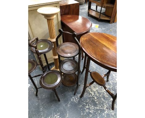 AN EDWARDIAN INLAID OCCASIONAL TABLE, A DEMI LUNE TABLE, TWO CAKE STANDS AND A JARDINIERE STAND. 