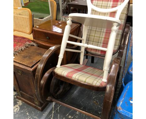 A VINTAGE BENTWOOD ROCKING CHAIR, A COAL BOX,  A BEDSIDE CABINET AND A PAINTED BEDROOM CHAIR. 