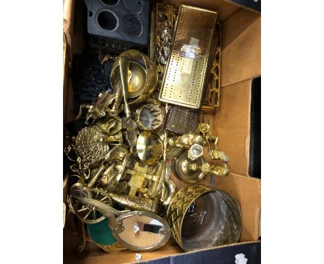 TWO VINTAGE BRASS CRIB BOARDS, CANDLESTICKS, AND OTHER BRASS AND METAL WARES. 