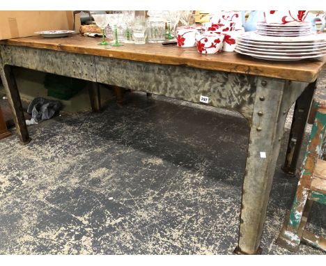 AN INTERESTING IRON FRAMED INDUSTRIAL PINE TOPPED SCULLERY TABLE. 