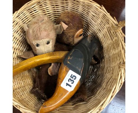 TWO VINTAGE CHIMPANZEE HAND PUPPETS AND A SIMILAR NUTCRACKER. 