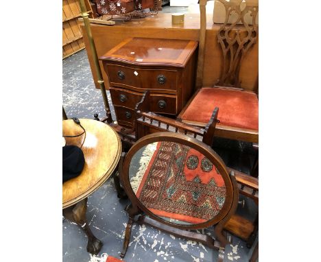 A VICTORIAN MAHOGANY WALL SHELF, A COFFEE TABLE, A SWING MIRROR, A SIDE CHAIR, AND A SMALL CHEST OF DRAWERS. 