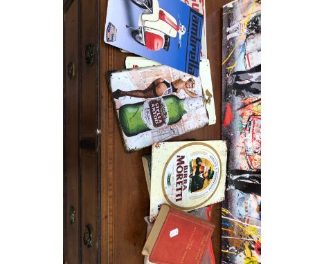 A QUANTITY OF VINTAGE STYLE ADVERTISING SIGNS, MECCANO INSTRUCTIONS AND TWO AUTO CAR ROAD BOOKS. 