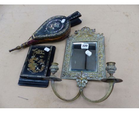 A PAIR OF PAPIER MACHE INLAID WITH MOTHER OF PEARL BELLOWS, A BRASS TWO LIGHT GIRANDOLE TOGETHER WITH A CHINOISERIE TELEPHONE