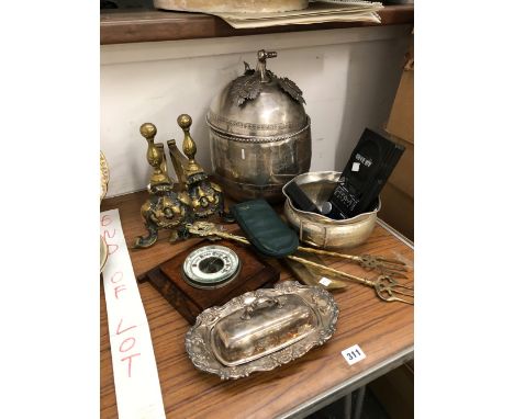 A SILVER PLATED PUNCH BOWL, BRASS FIRE DOGS, A SMALL ART DECO BAROMETER, AN STEEPLE TONE AIR BAND RADIO ETC.