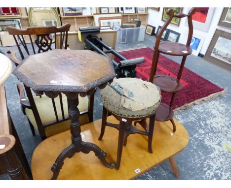 A PIANO STOOL, A CARVED OAK TRIPOD TABLE AND A CAKE STAND. 