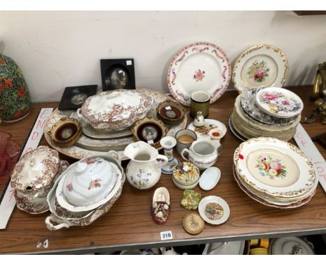 FIVE MINIATURE PORTRAIT PICTURES, VARIOUS DECORATIVE DINNER WARES, ETC. 