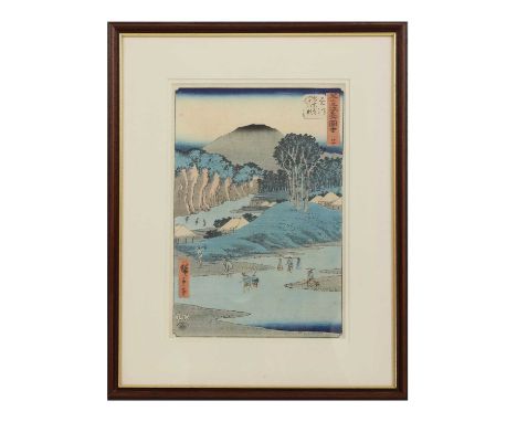 Utagawa Hiroshige (1797-1858) KAKEGAWA: CROSSING THE FORTY EIGHT RAPIDS ON THE AKIBA ROAD (KAKEGAWA, AKIBA MICHI SHIJUHACHI S