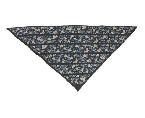A collection of Chinese embroidery, Qing dynasty (1644-1911), comprising: one black silk in the shape of a triangle, with but