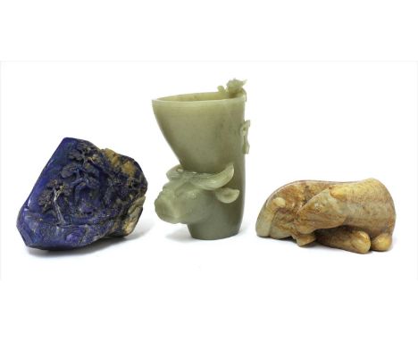Three Chinese carvings, comprising: an hardstone recumbent horse, its head to the back, 13.5cm long, a jade cup, in the shape