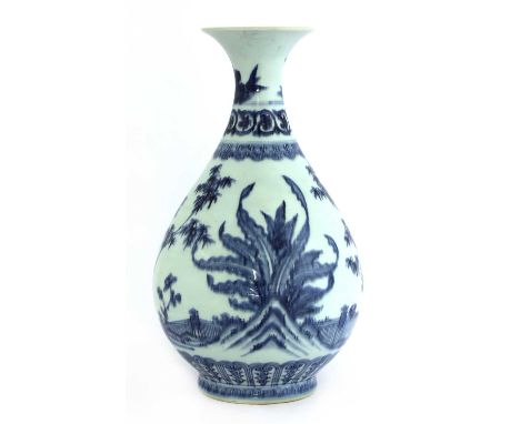 A Chinese blue and white yuhuchun vase, 18th century, the well-potted pear-shaped body rising to a waisted neck and trumpet m