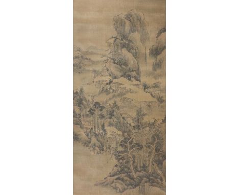 A collection of three Chinese hanging scrolls, 20th century, comprising: one with pavilions in a rocky landscape, ink and col
