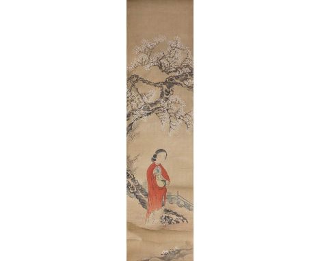 A pair of Chinese gouache paintings, early 20th century, each with a lady seated by a table under a pine tree, or standing in