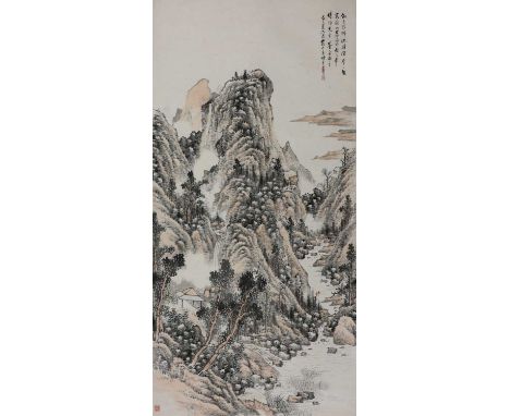 A Chinese gouache hanging scroll, 20th century, painted with a pavilion and a river in a rocky landscape, inscribed, signatur
