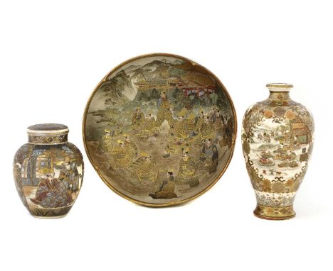 A collection of Japanese Satsuma ware, Meiji period (1868-1912), comprising: a large bowl, of lobed circular form, painted wi