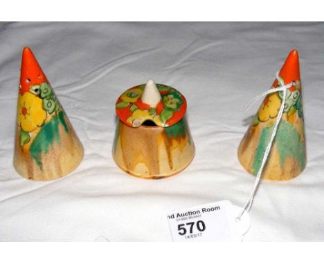 A Clarice Cliff "Bizarre" three piece condiment set with floral decoration