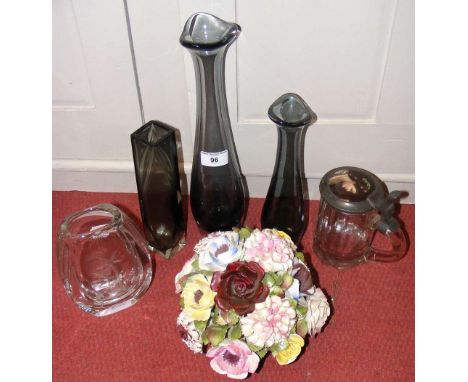 An Orrefors Art Deco vase and others, together with ceramic flower ornament
