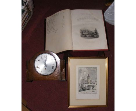 Oak cased mantel clock, together with books and a picture