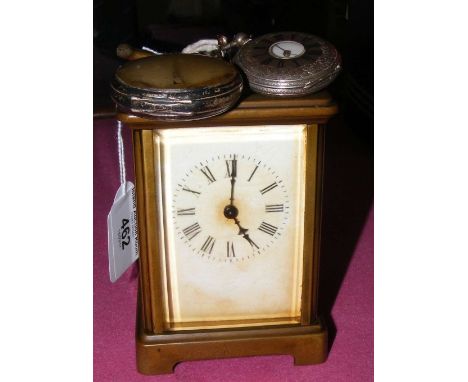 Two silver pocket watches, together with a carriage clock