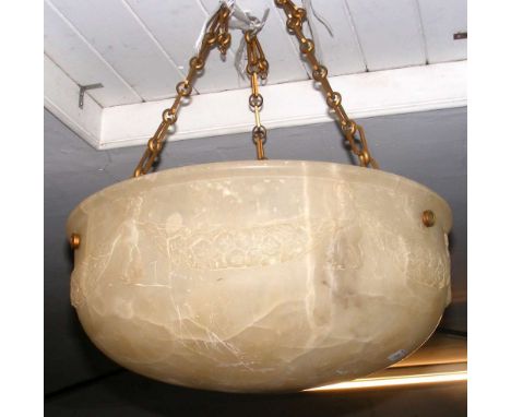 A large Art Deco style alabaster ceiling light with gilt chains, having floral relief work swags