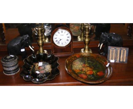 Pair of brass candlesticks, mantel clock
