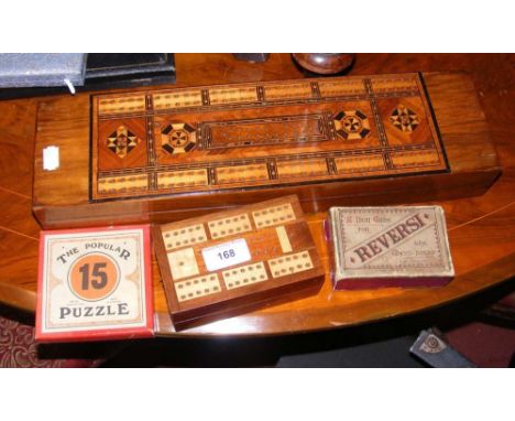 Old cribbage board, playing cards, etc.