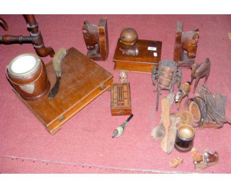 A box of collectables, including cribbage board, biscuit barrel