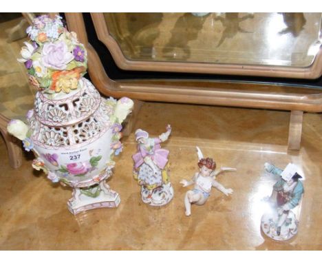 Continental ceramic figures, pot pourri jar and cover
