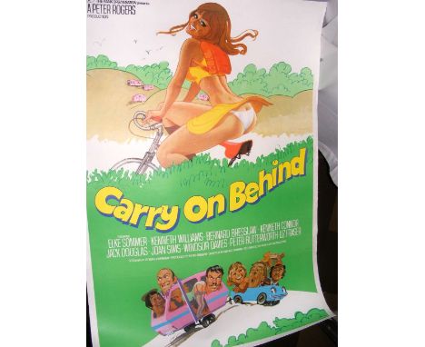 A vintage canvas advertising film poster "Carry on Behind" starring Kenneth Williams, Jack Douglas, etc.