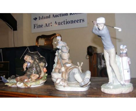 A Lladro golfing figure, together with two other figures