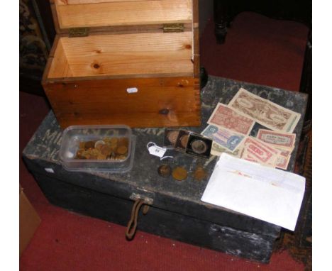 First World War medal to Private Benzies, together with Japanese invasion money - coins, etc., and a metal trunk containing e