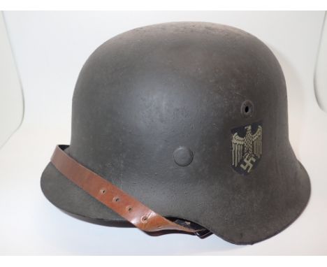 German WWII Nazi helmet double decals and numbered E44 ET6 and 1897 ( Normandy )