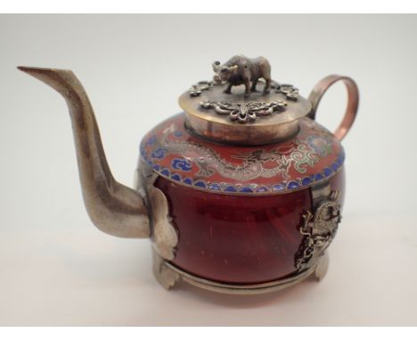 Oriental flambe and plated miniature teapot 