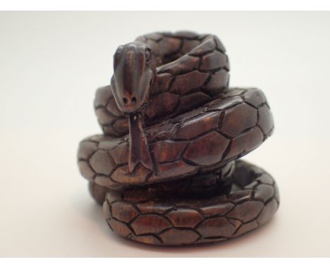 Signed wooden netsuke of a coiled snake
