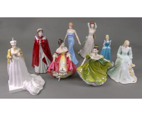 Four Royal Doulton figurines, Southern Belle, Diana, Princess of Wales, Disney Princesses Cinderella and Lynne, Royal Worcest