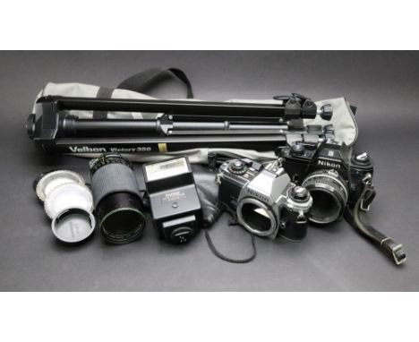 A Nikon EM camera, Niko FG-20, Tokina zoom lens, other camera accessories and a tripod (qty).